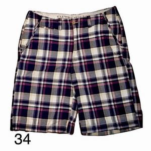 NAUTICA Mens Navy Blue Red White Plaid Flat Front Longer Length Shorts Sz 34